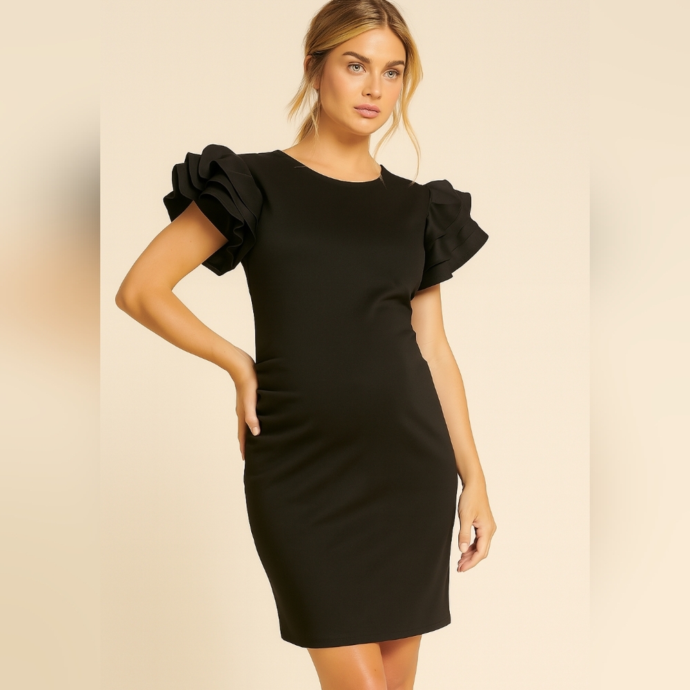 Pierro Brunelli Black Maternity Capri Sheath Cocktail Dress Sz XS Ruffled Sleeve